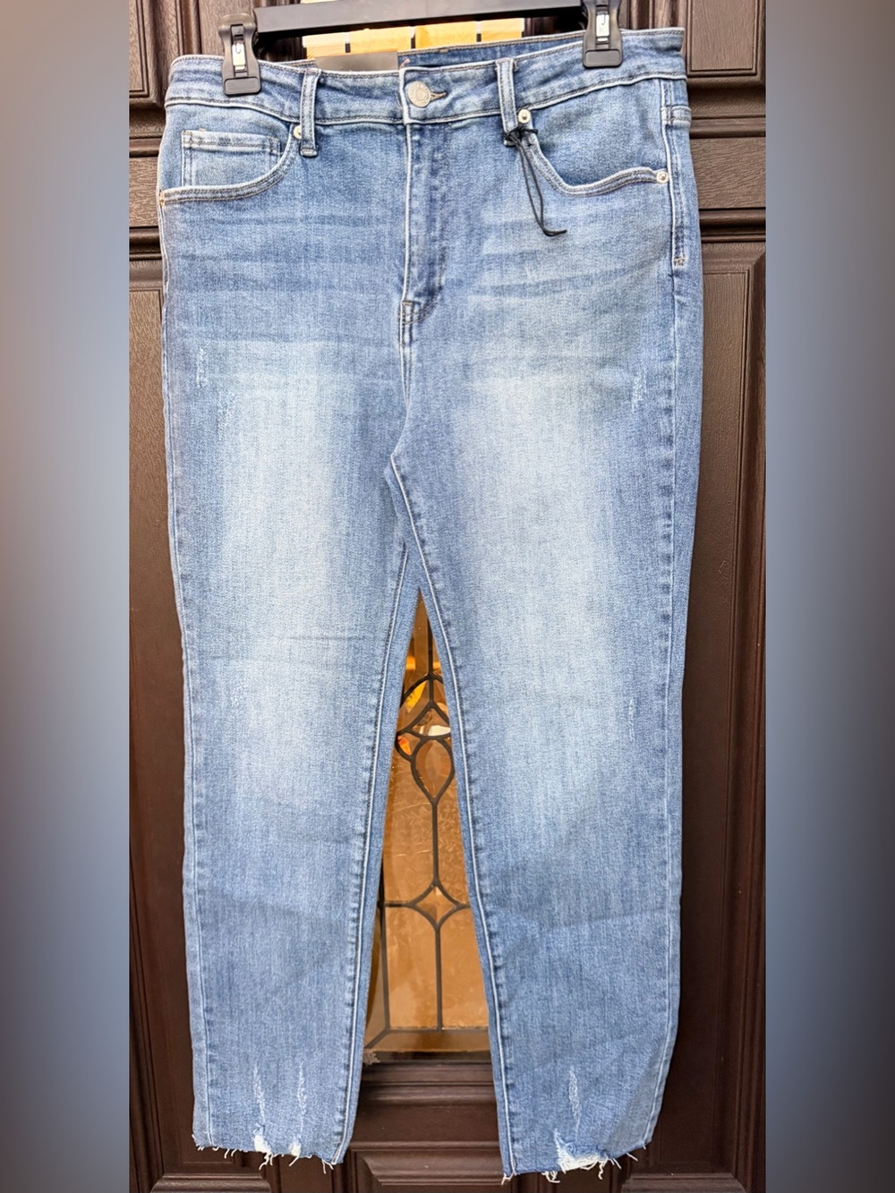 Women's Light Blue Skinny Jeans with Distressed Raw Hem Size 31/13